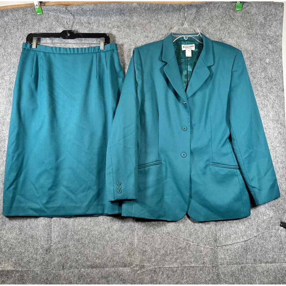 Vtg Pendleton Virgin Wool 2-Piece Skirt Blazer Suit Set Size 14 Teal Green